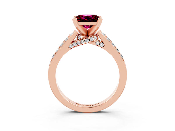 Rose gold Princess Cut Garnet Solitaire Ring with Crossover Gallery and Round  Pavé Band