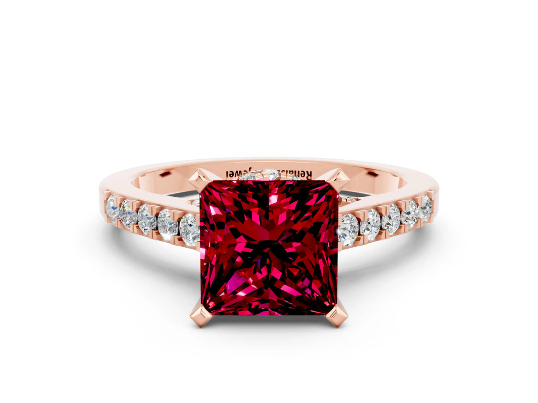 Rose gold Princess Cut Garnet Solitaire Ring with Crossover Gallery and Round  Pavé Band_36