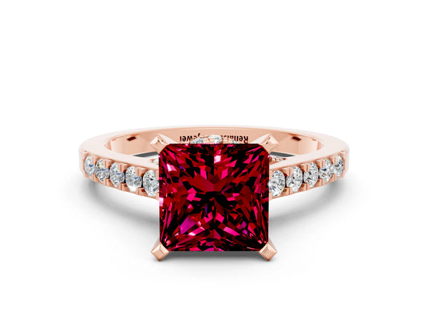Rose gold Princess Cut Garnet Solitaire Ring with Crossover Gallery and Round  Pavé Band