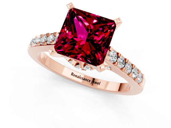 Rose gold Princess Cut Garnet Solitaire Ring with Crossover Gallery and Round  Pavé Band