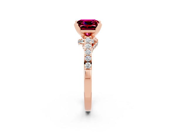 Rose gold Princess Cut Garnet Solitaire Ring with Crossover Gallery and Round  Pavé Band
