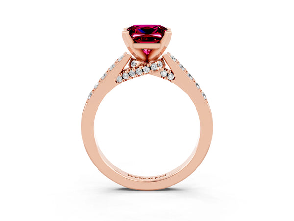 Rose gold Princess Cut Garnet Solitaire Ring with Crossover Gallery and Round  Pavé Band