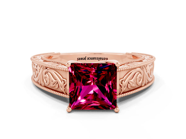 Rose gold Princess Cut Garnet Solitaire Ring with Engraved Band and Four-Prong Setting