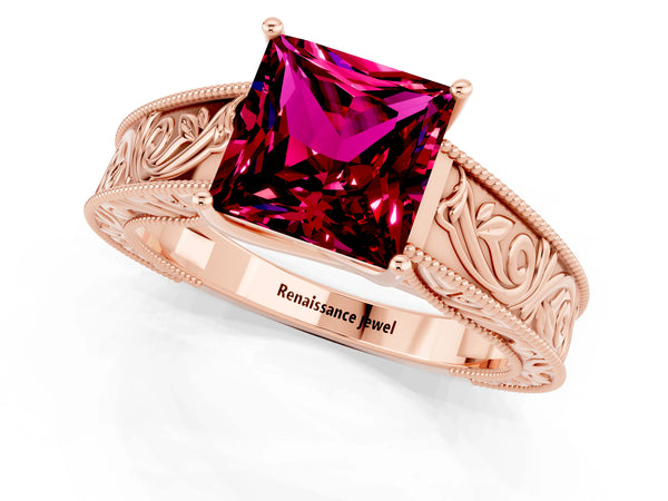 Rose gold Princess Cut Garnet Solitaire Ring with Engraved Band and Four-Prong Setting