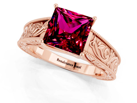 Rose gold Princess Cut Garnet Solitaire Ring with Engraved Band and Four-Prong Setting_1