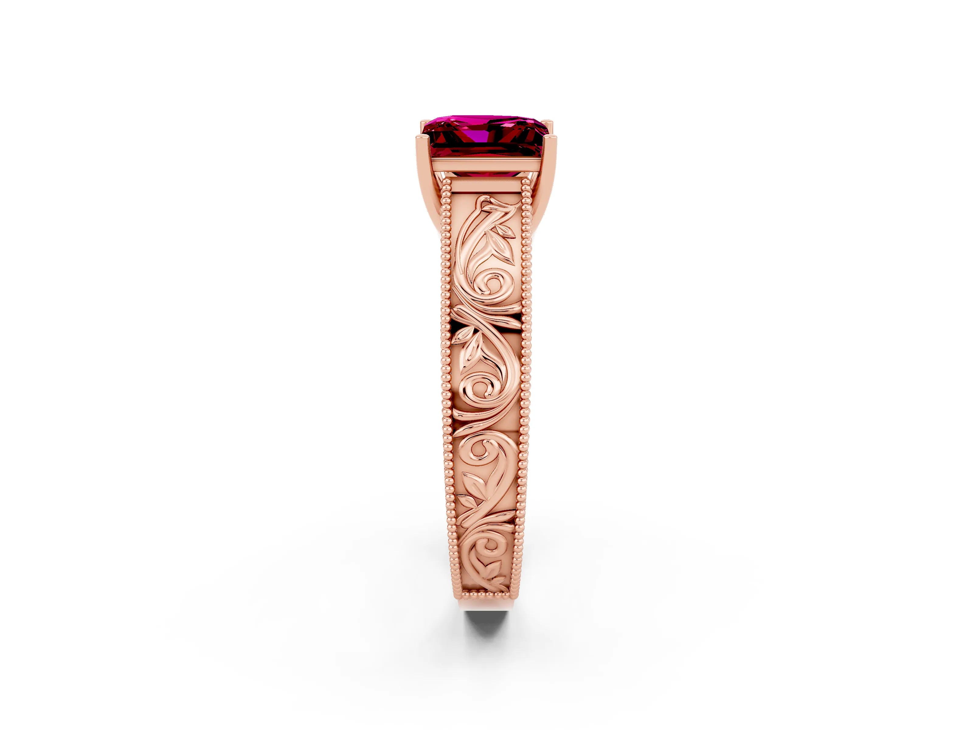 Rose gold Princess Cut Garnet Solitaire Ring with Engraved Band and Four-Prong Setting_2