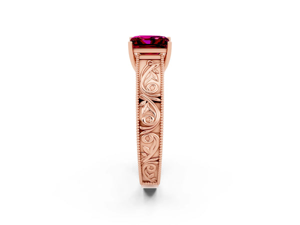 Rose gold Princess Cut Garnet Solitaire Ring with Engraved Band and Four-Prong Setting