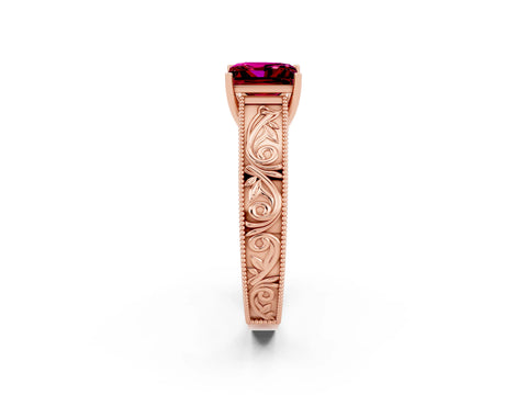 Rose gold Princess Cut Garnet Solitaire Ring with Engraved Band and Four-Prong Setting_2
