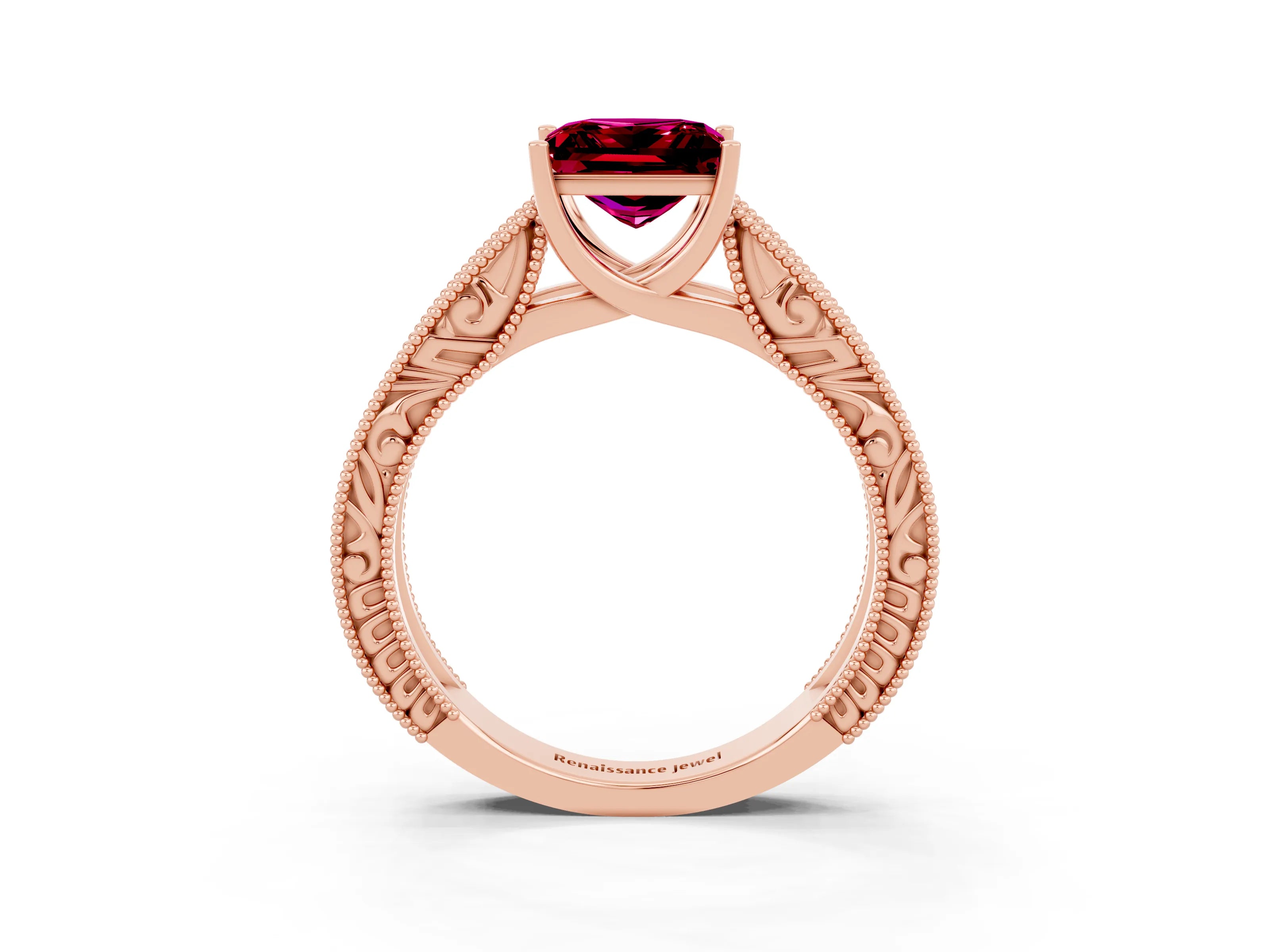 Rose gold Princess Cut Garnet Solitaire Ring with Engraved Band and Four-Prong Setting_3