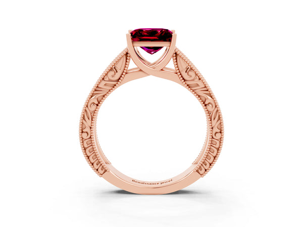 Rose gold Princess Cut Garnet Solitaire Ring with Engraved Band and Four-Prong Setting