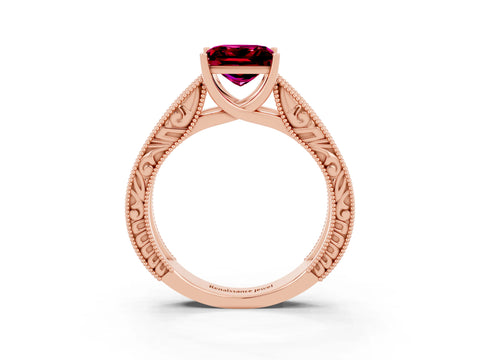 Rose gold Princess Cut Garnet Solitaire Ring with Engraved Band and Four-Prong Setting_3