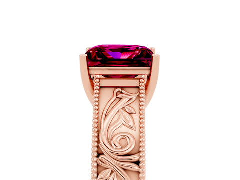 Rose gold Princess Cut Garnet Solitaire Ring with Engraved Band and Four-Prong Setting_5