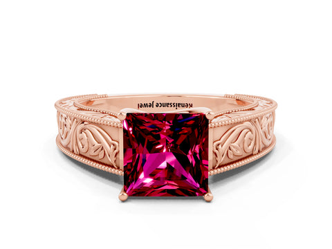 Rose gold Princess Cut Garnet Solitaire Ring with Engraved Band and Four-Prong Setting