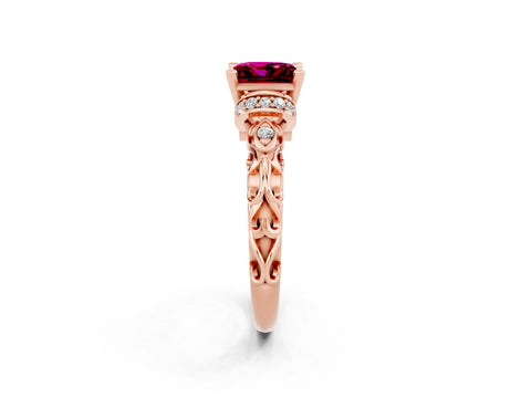 Rose gold Princess Cut Garnet Solitaire Ring with Filigree Band and Four-Prong Setting_26