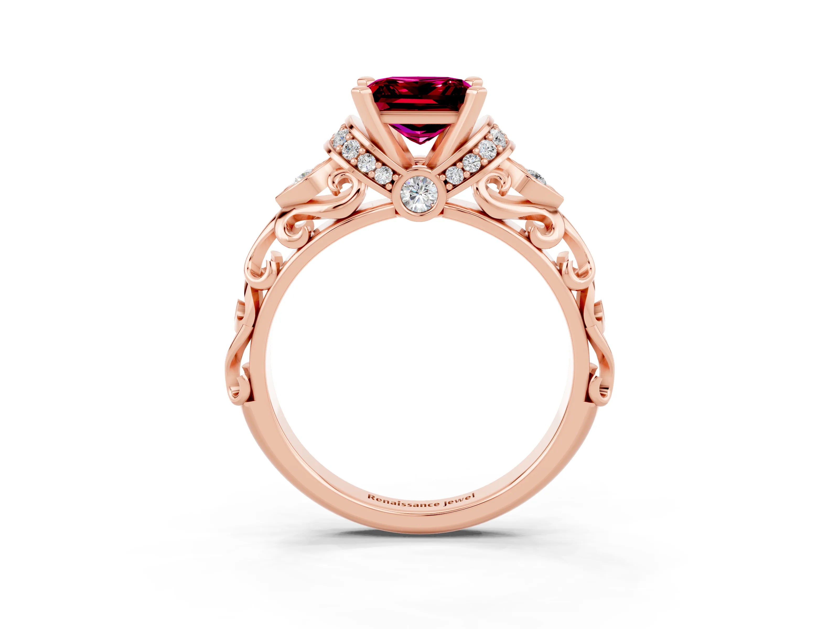 Rose gold Princess Cut Garnet Solitaire Ring with Filigree Band and Four-Prong Setting_27
