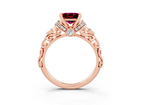 Rose gold Princess Cut Garnet Solitaire Ring with Filigree Band and Four-Prong Setting_27