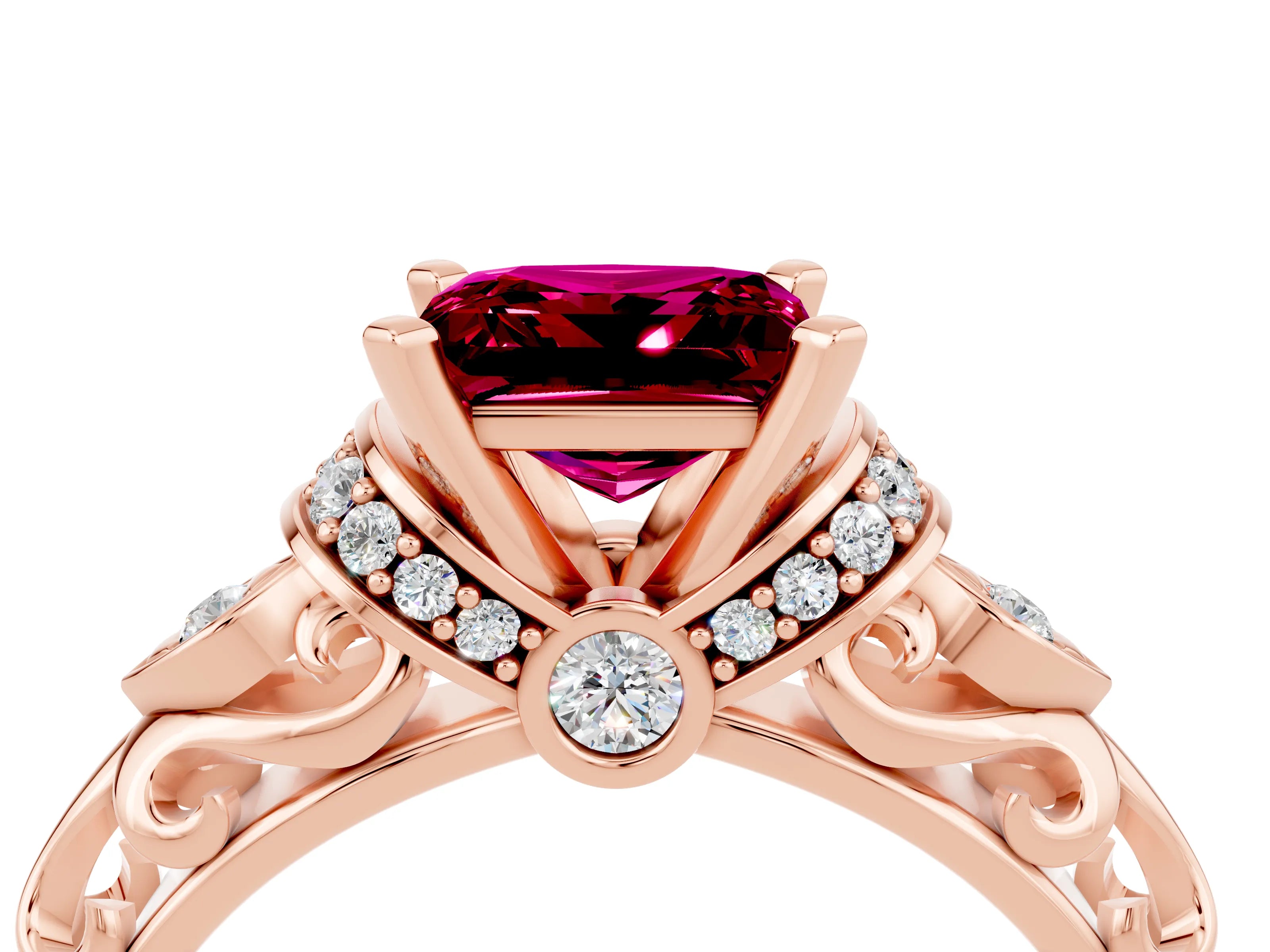 Rose gold Princess Cut Garnet Solitaire Ring with Filigree Band and Four-Prong Setting_28