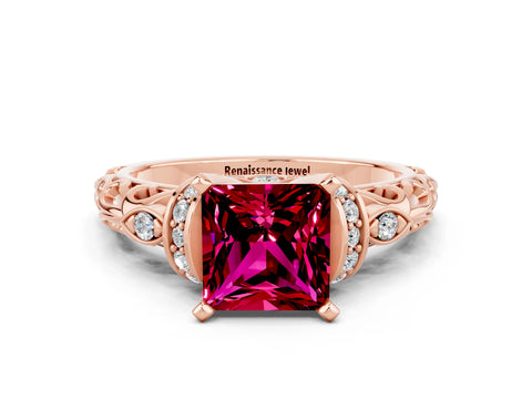Rose gold Princess Cut Garnet Solitaire Ring with Filigree Band and Four-Prong Setting_33
