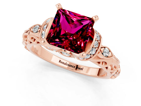 Rose gold Princess Cut Garnet Solitaire Ring with Filigree Band and Four-Prong Setting_34