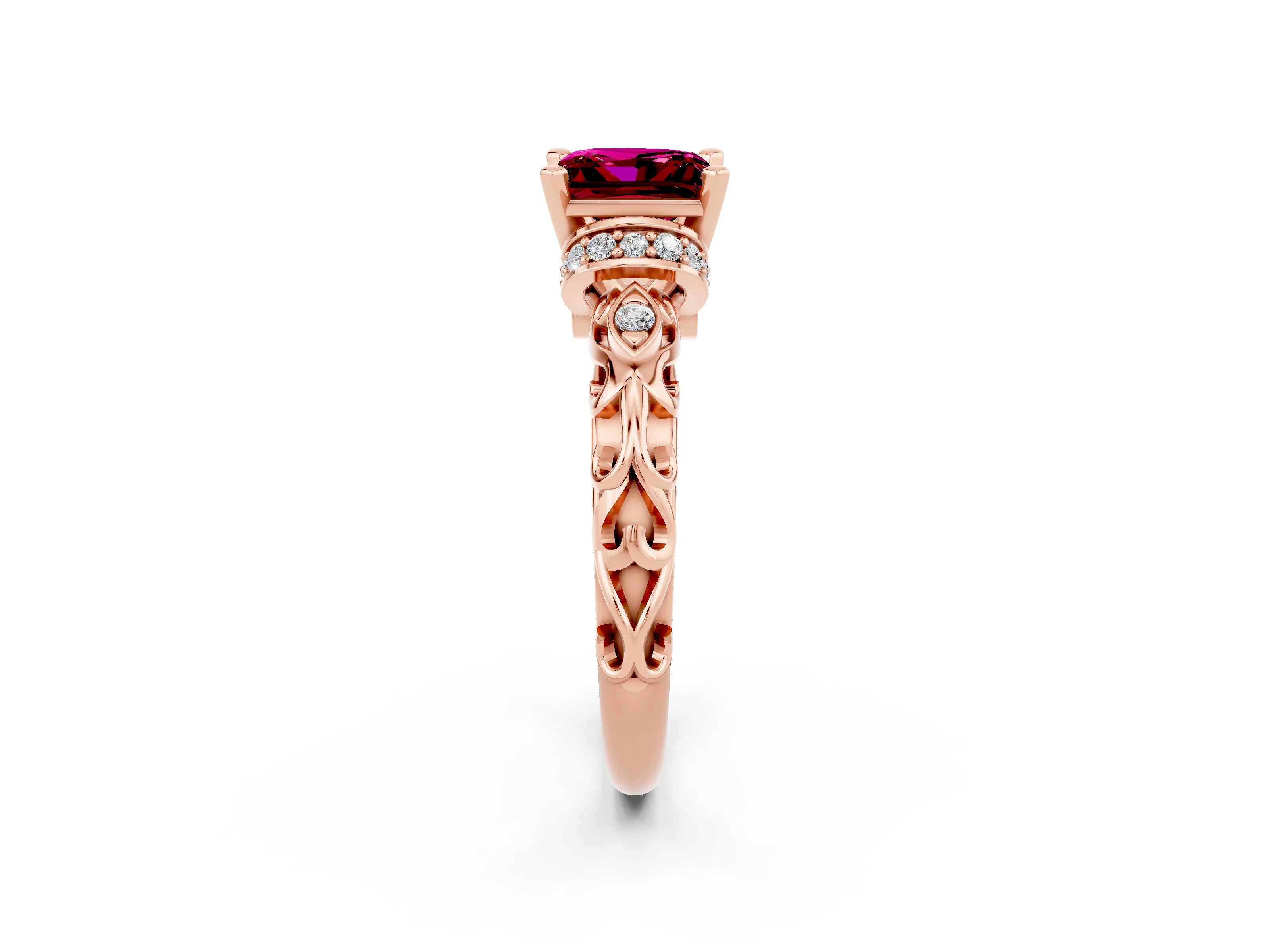 Rose gold Princess Cut Garnet Solitaire Ring with Filigree Band and Four-Prong Setting_35