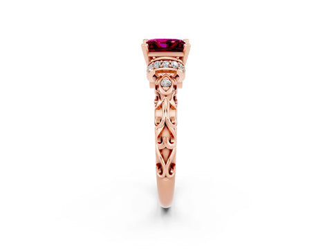 Rose gold Princess Cut Garnet Solitaire Ring with Filigree Band and Four-Prong Setting_35