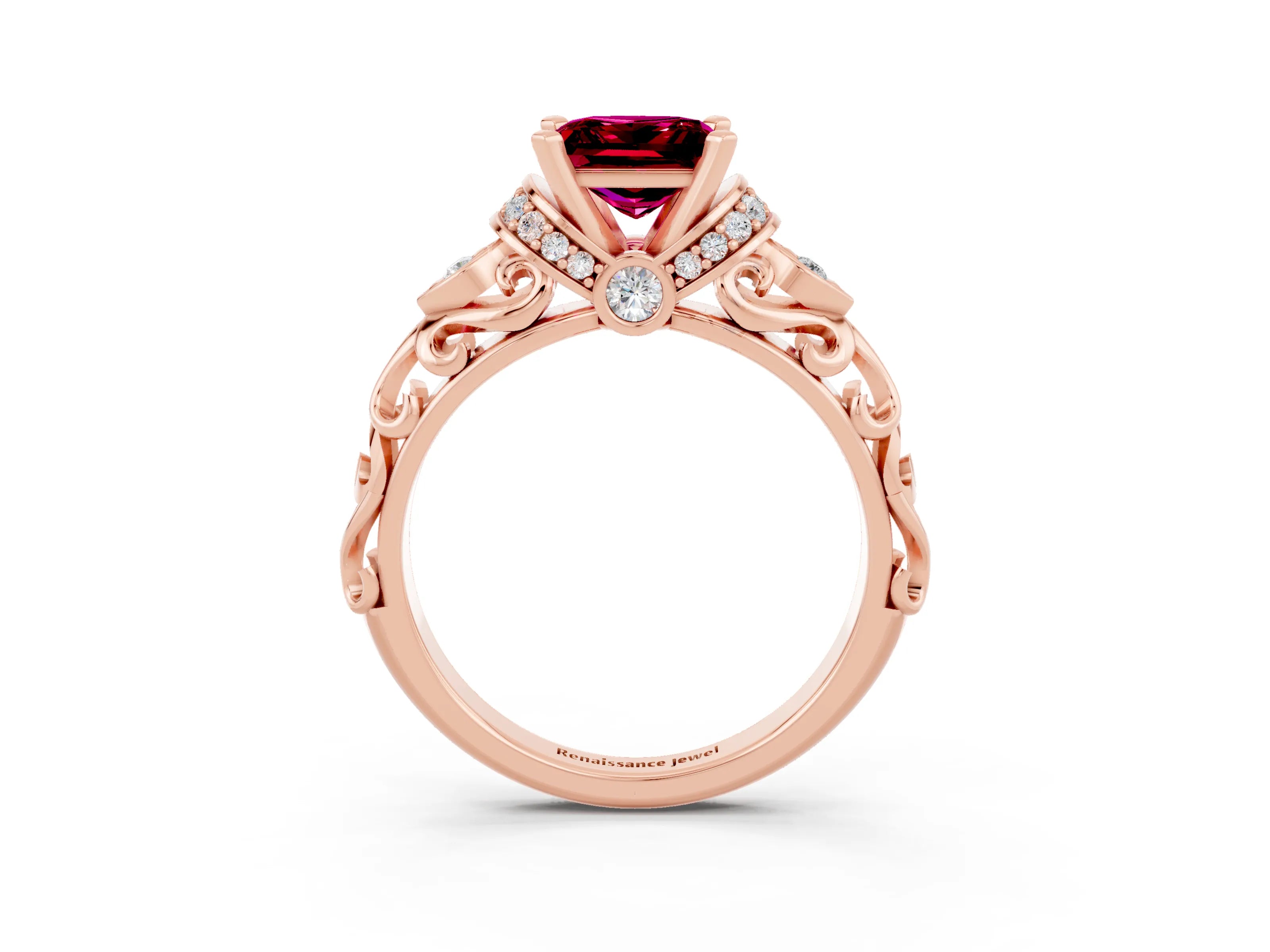 Rose gold Princess Cut Garnet Solitaire Ring with Filigree Band and Four-Prong Setting_36