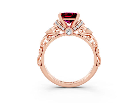 Rose gold Princess Cut Garnet Solitaire Ring with Filigree Band and Four-Prong Setting_36