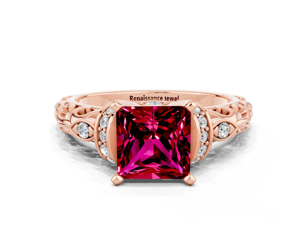 Rose gold Princess Cut Garnet Solitaire Ring with Filigree Band and Four-Prong Setting