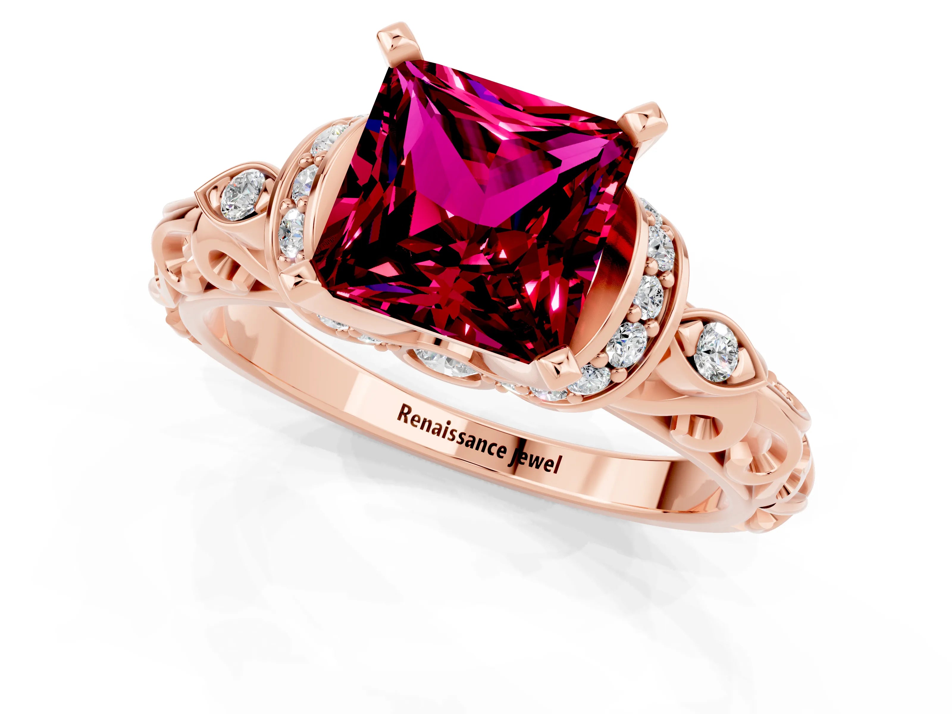 Rose gold Princess Cut Garnet Solitaire Ring with Filigree Band and Four-Prong Setting_46