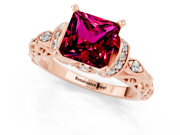 Rose gold Princess Cut Garnet Solitaire Ring with Filigree Band and Four-Prong Setting