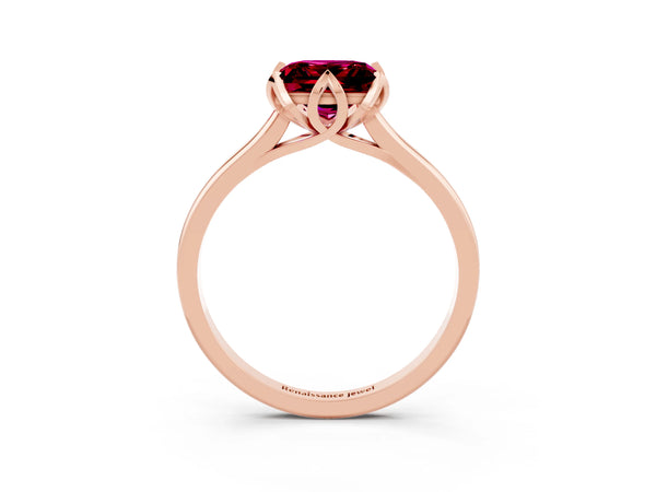 Rose gold Princess Cut Garnet Solitaire Ring with Flower Prong Setting and Classic Band