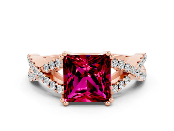 Rose gold Princess Cut Garnet Solitaire Ring with Four-Prong Setting and Twisted Pavé Band