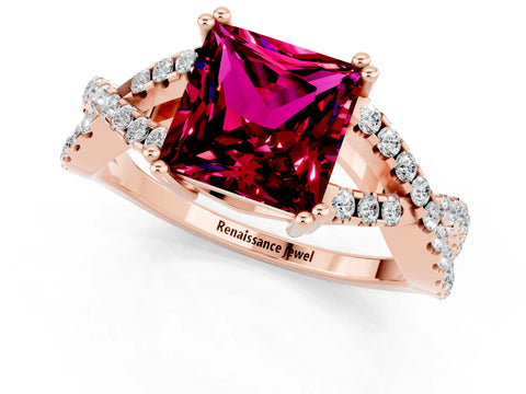 Rose gold Princess Cut Garnet Solitaire Ring with Four-Prong Setting and Twisted Pavé Band_1
