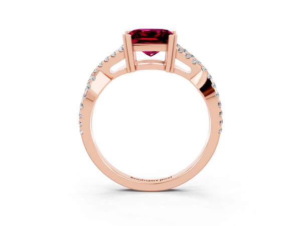 Rose gold Princess Cut Garnet Solitaire Ring with Four-Prong Setting and Twisted Pavé Band