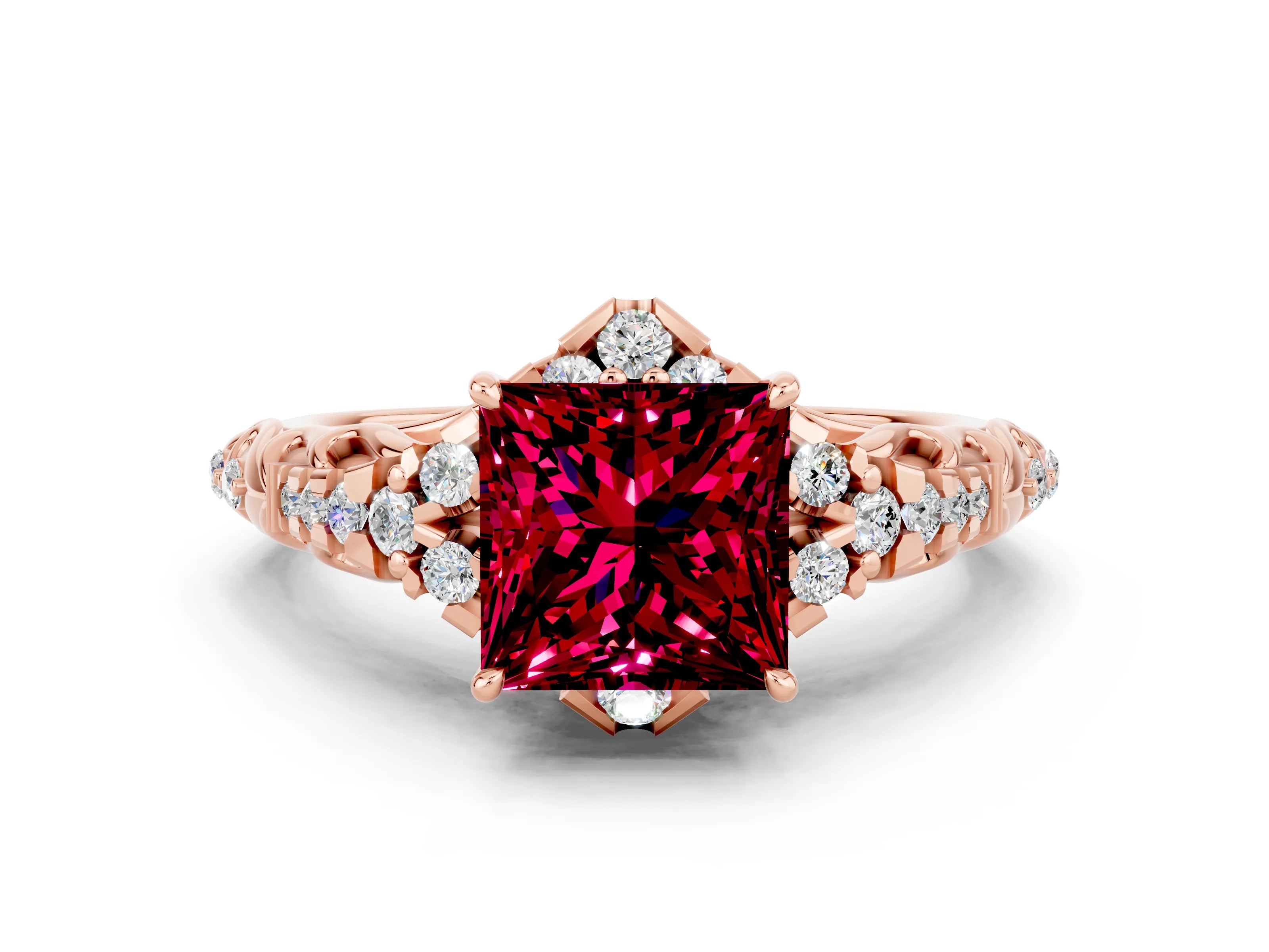 Rose gold Princess Cut Garnet Solitaire Ring with Hidden Halo and Pavé Band_12