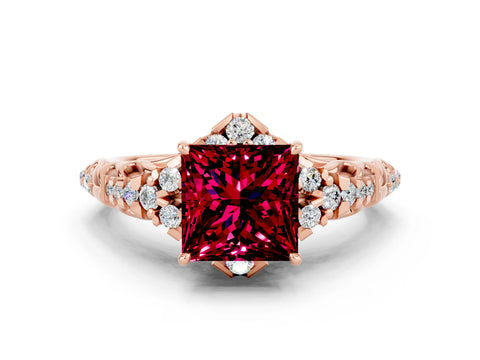 Rose gold Princess Cut Garnet Solitaire Ring with Hidden Halo and Pavé Band_12