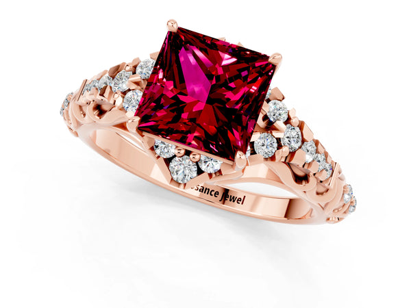 Rose gold Princess Cut Garnet Solitaire Ring with Hidden Halo and Pavé Band