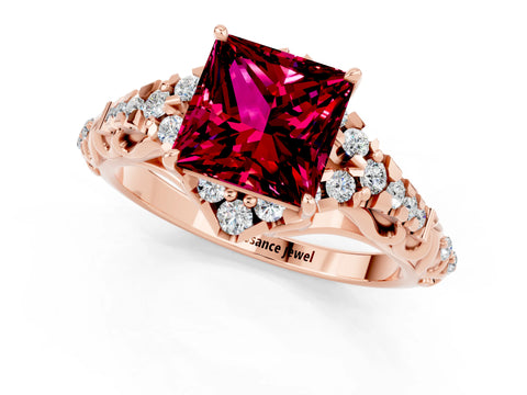 Rose gold Princess Cut Garnet Solitaire Ring with Hidden Halo and Pavé Band_13