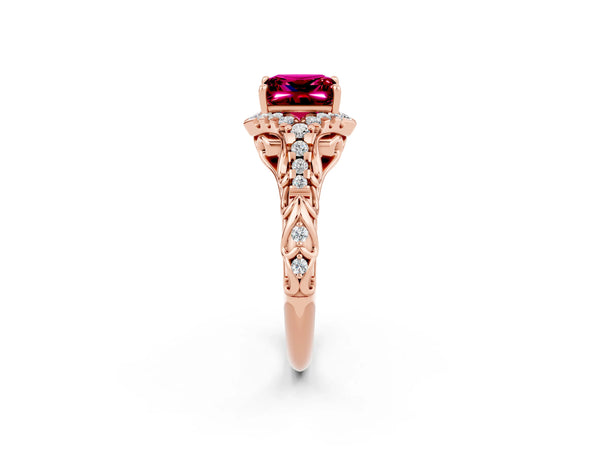 Rose gold Princess Cut Garnet Solitaire Ring with Hidden Halo and Pavé Band