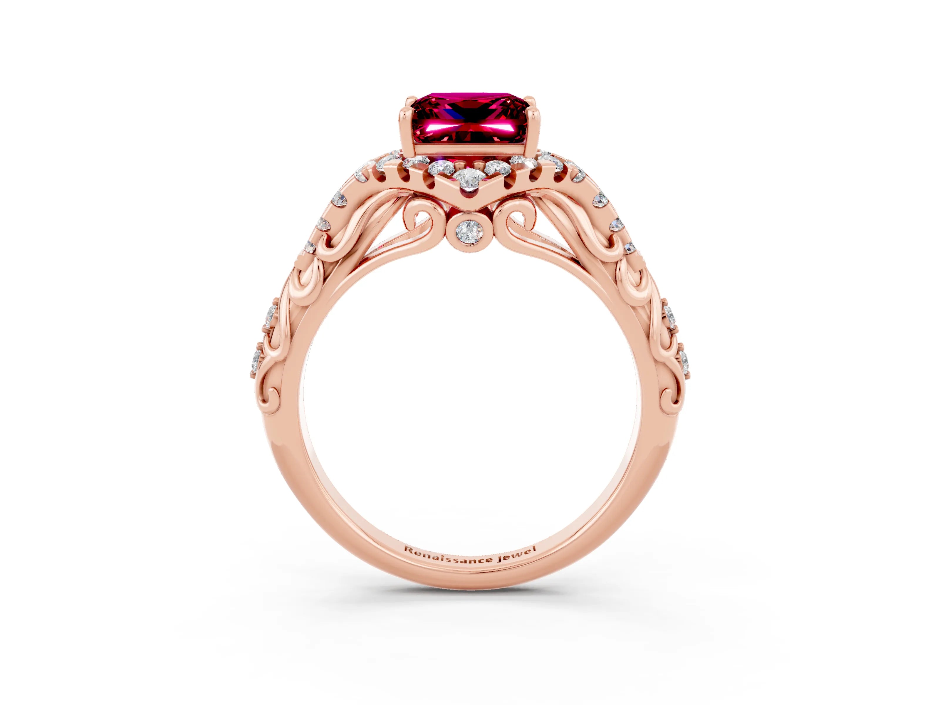 Rose gold Princess Cut Garnet Solitaire Ring with Hidden Halo and Pavé Band_15