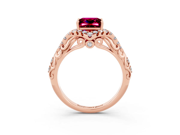 Rose gold Princess Cut Garnet Solitaire Ring with Hidden Halo and Pavé Band