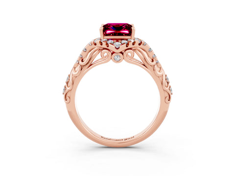 Rose gold Princess Cut Garnet Solitaire Ring with Hidden Halo and Pavé Band_15