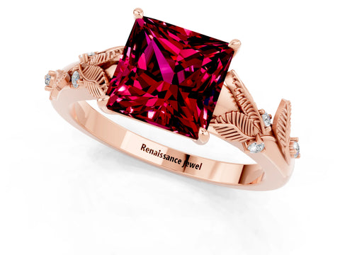 Rose gold Princess Cut Garnet Solitaire Ring with Leaf Motif Band and Four-Prong Setting_1