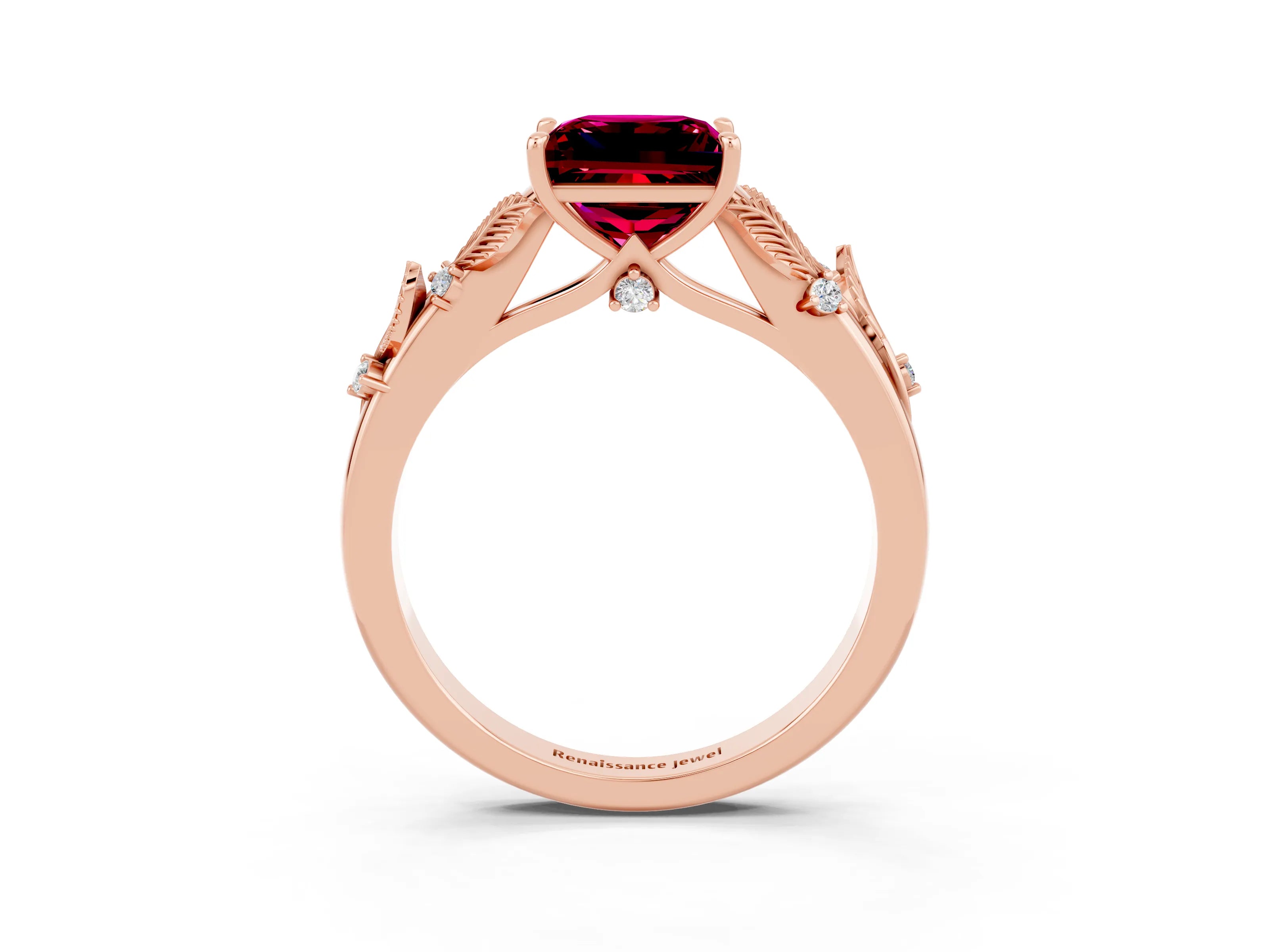 Rose gold Princess Cut Garnet Solitaire Ring with Leaf Motif Band and Four-Prong Setting_3