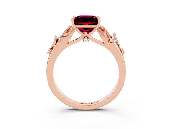 Rose gold Princess Cut Garnet Solitaire Ring with Leaf Motif Band and Four-Prong Setting