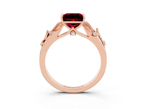 Rose gold Princess Cut Garnet Solitaire Ring with Leaf Motif Band and Four-Prong Setting_3