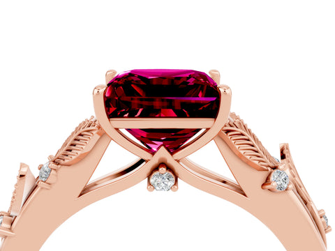 Rose gold Princess Cut Garnet Solitaire Ring with Leaf Motif Band and Four-Prong Setting_4
