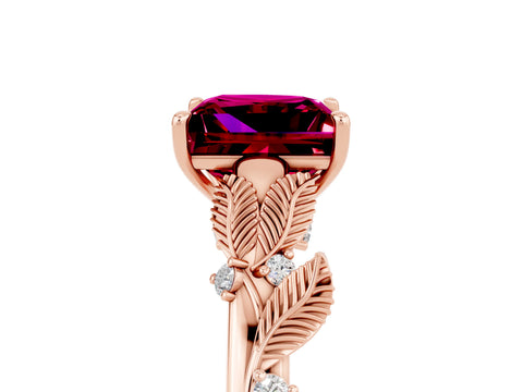 Rose gold Princess Cut Garnet Solitaire Ring with Leaf Motif Band and Four-Prong Setting_5