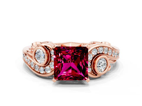Rose gold Princess Cut Garnet Solitaire Ring with Milgrain Pavé Band and Four-Prong Setting_24