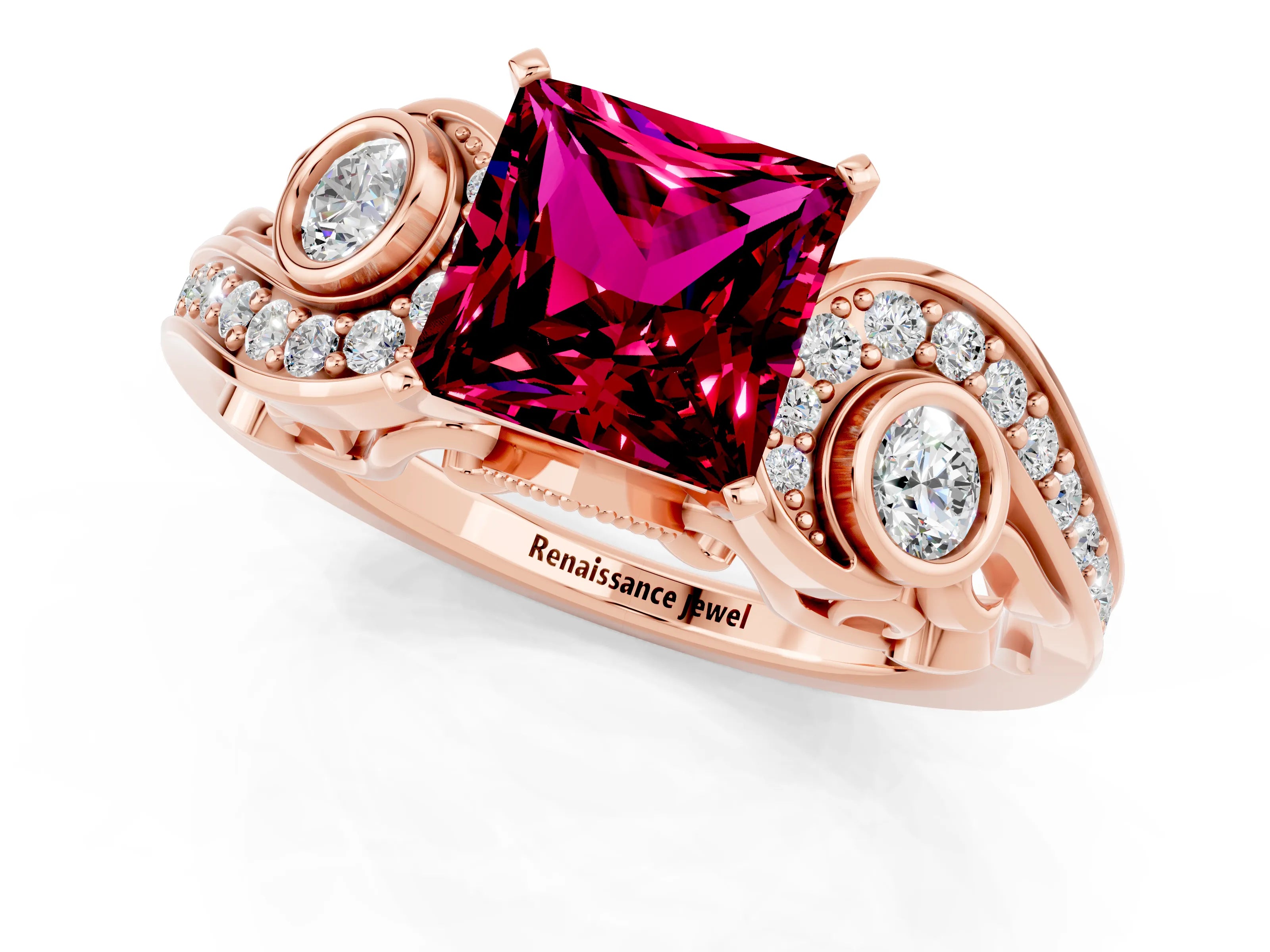Rose gold Princess Cut Garnet Solitaire Ring with Milgrain Pavé Band and Four-Prong Setting_25